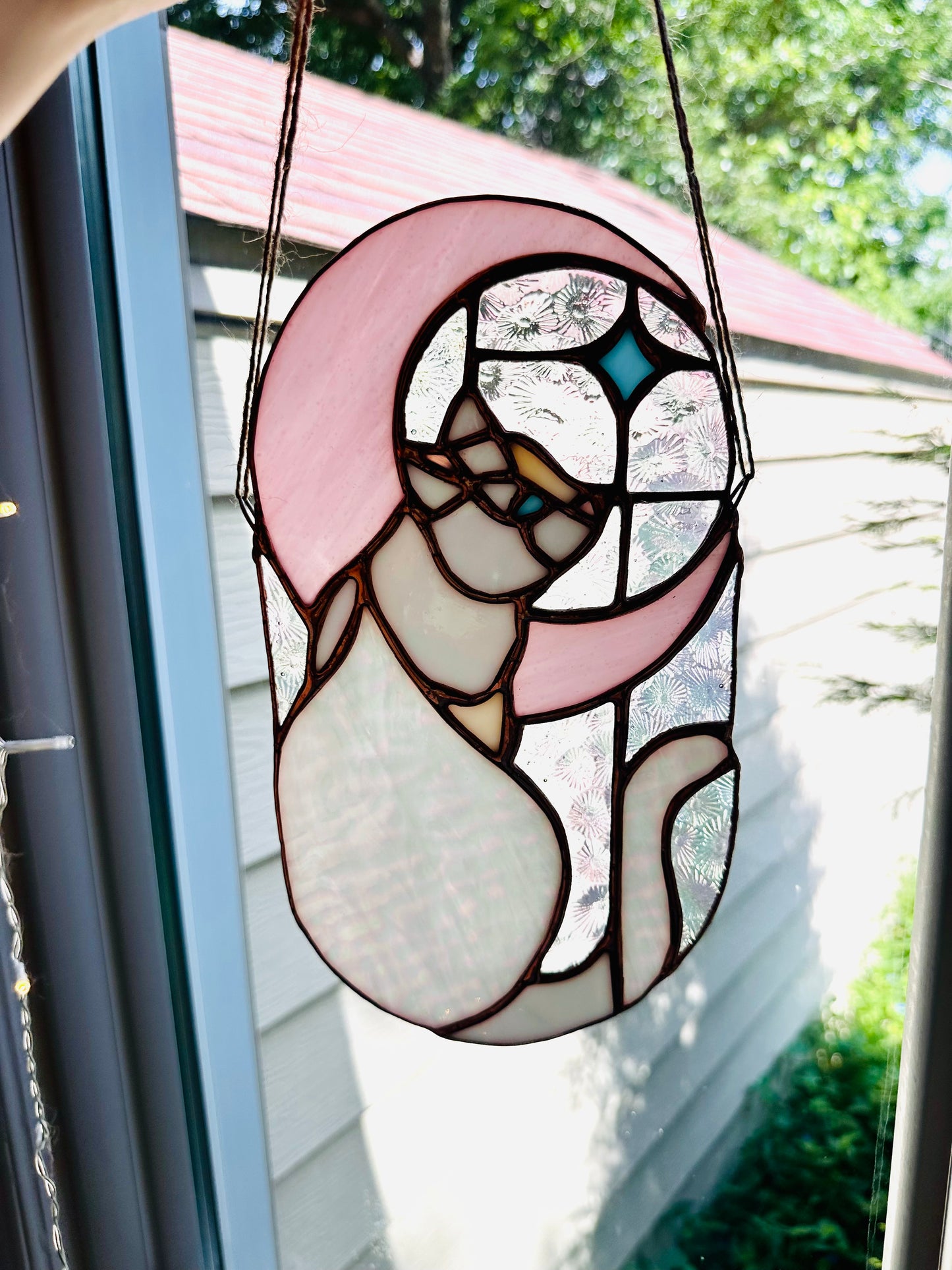 Stained Glass Cat in Moonlight (White/Pink/Copper)