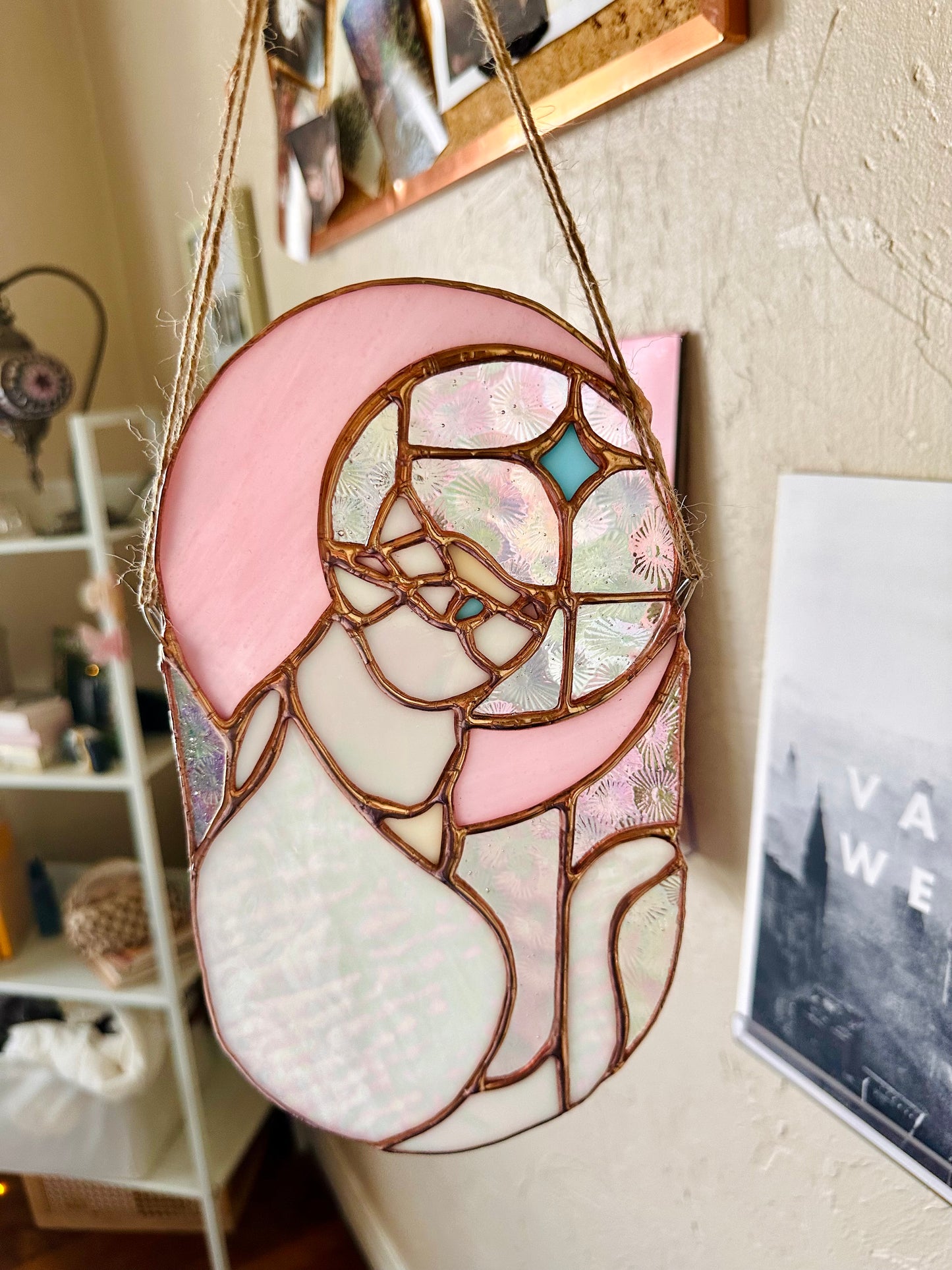 Stained Glass Cat in Moonlight (White/Pink/Copper)