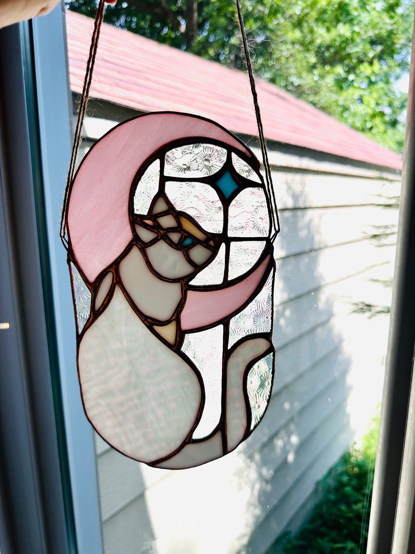 Stained Glass Cat in Moonlight (White/Pink/Copper)