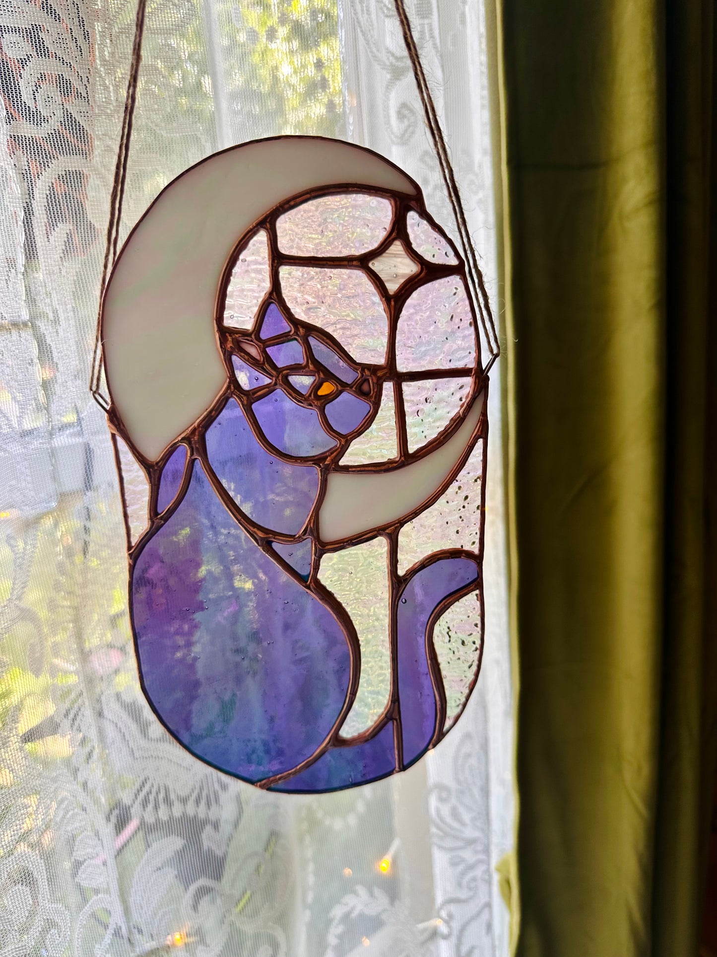 Stained Glass Cat in Moonlight (Purple/Copper)