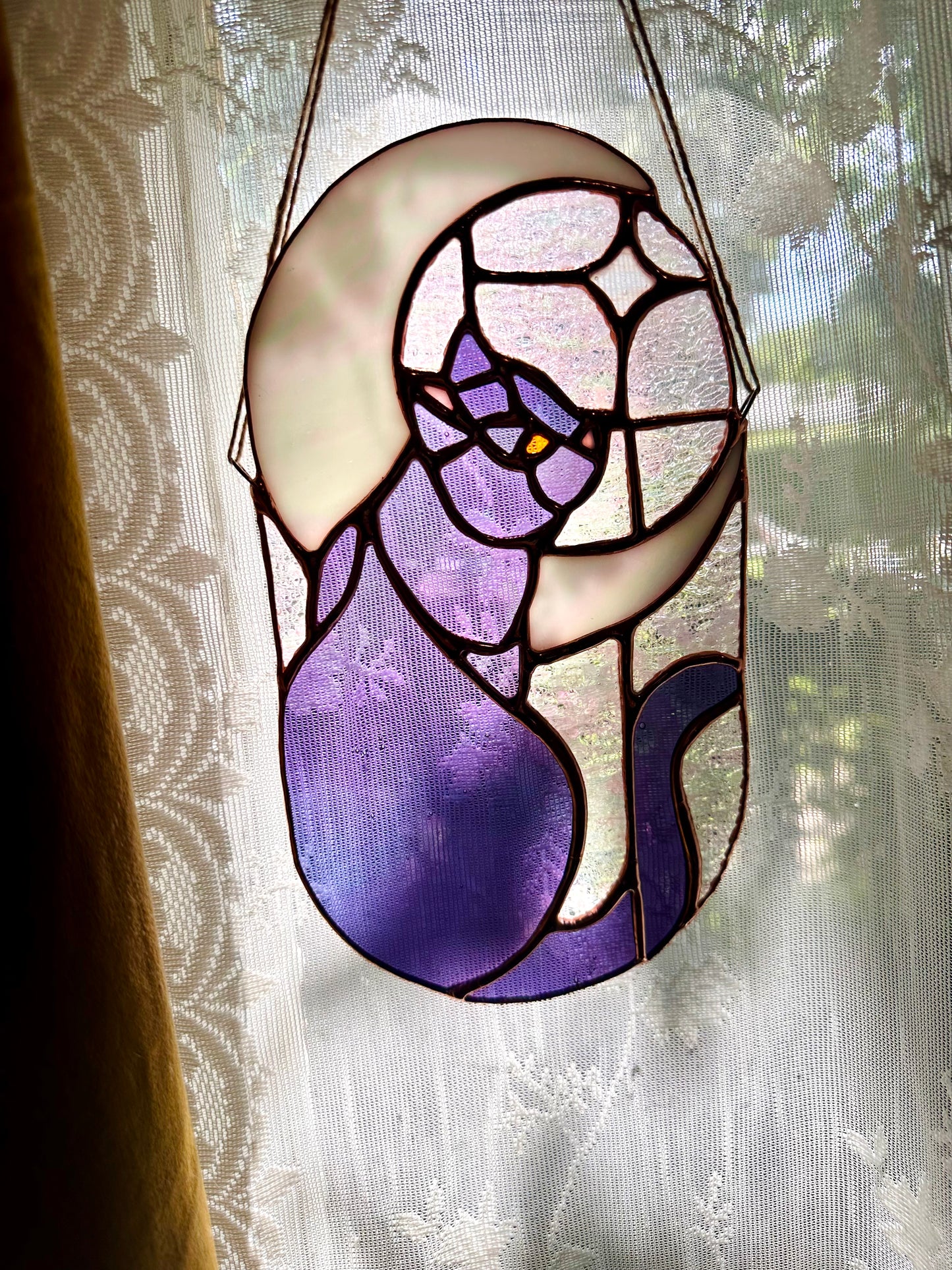 Stained Glass Cat in Moonlight (Purple/Copper)
