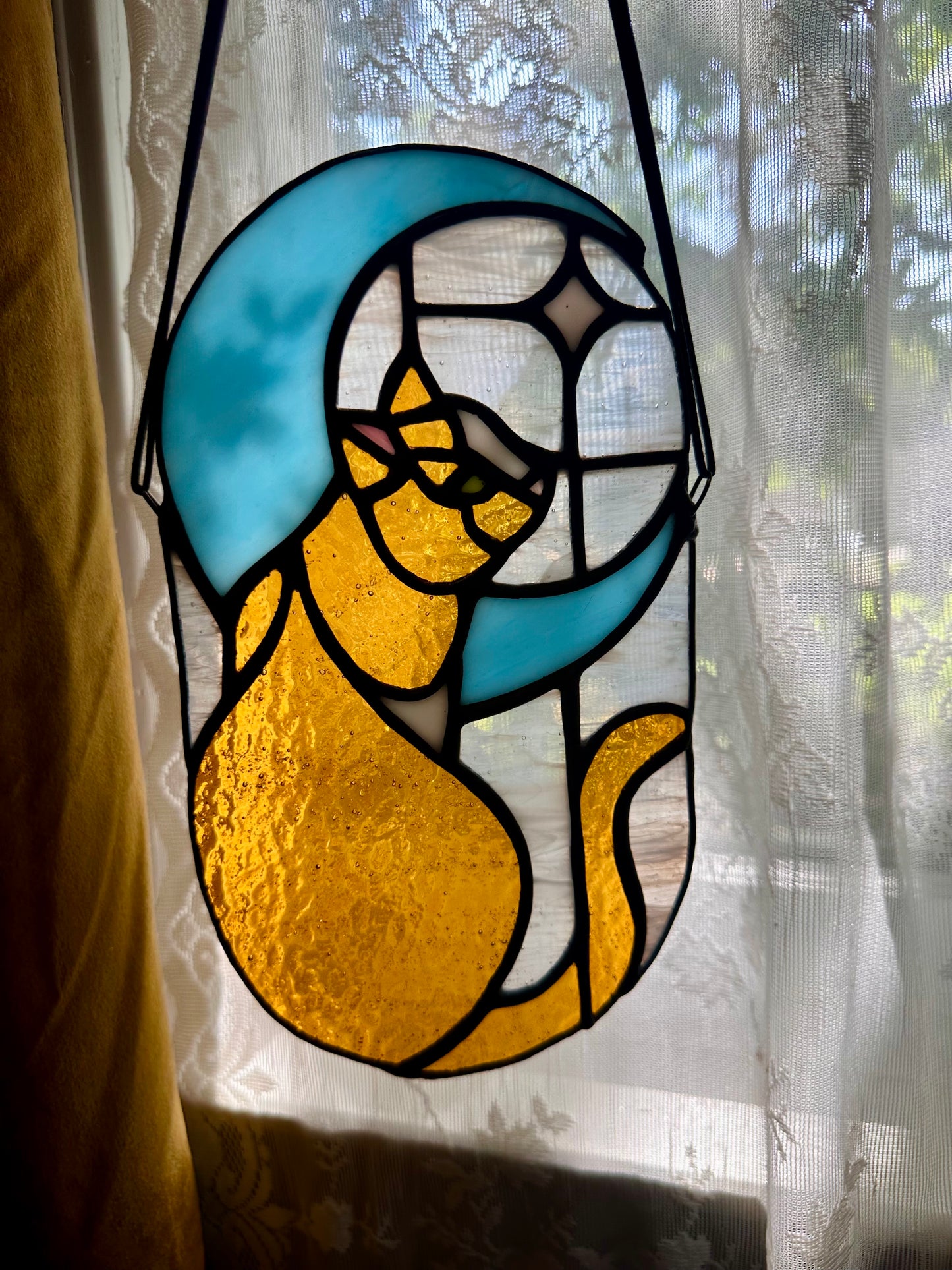 Stained Glass Tabby Cat in Moonlight (Orange/Blue)