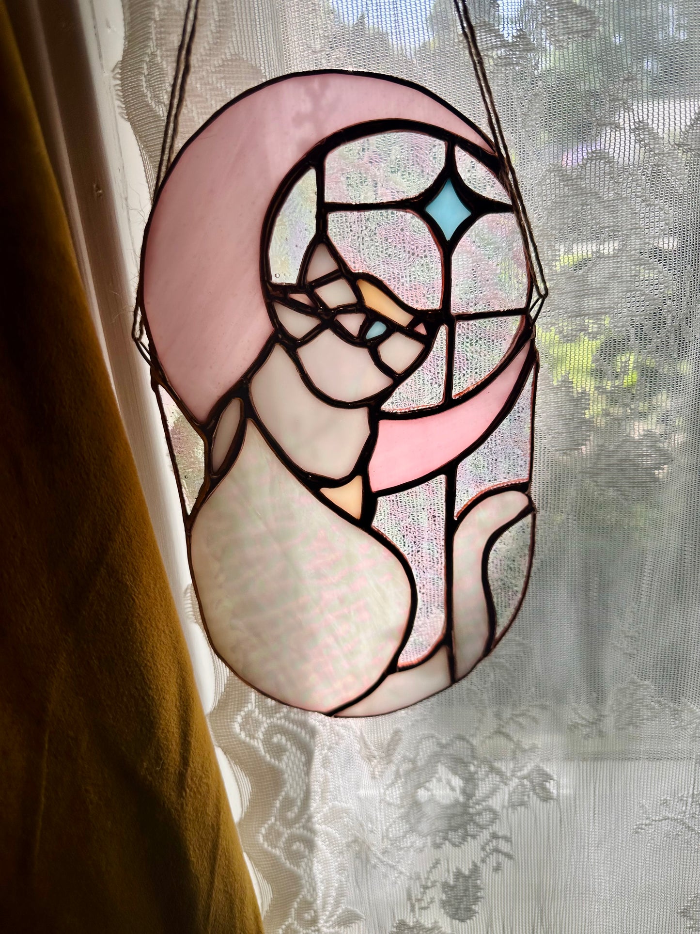 Stained Glass Cat in Moonlight (White/Pink/Copper)