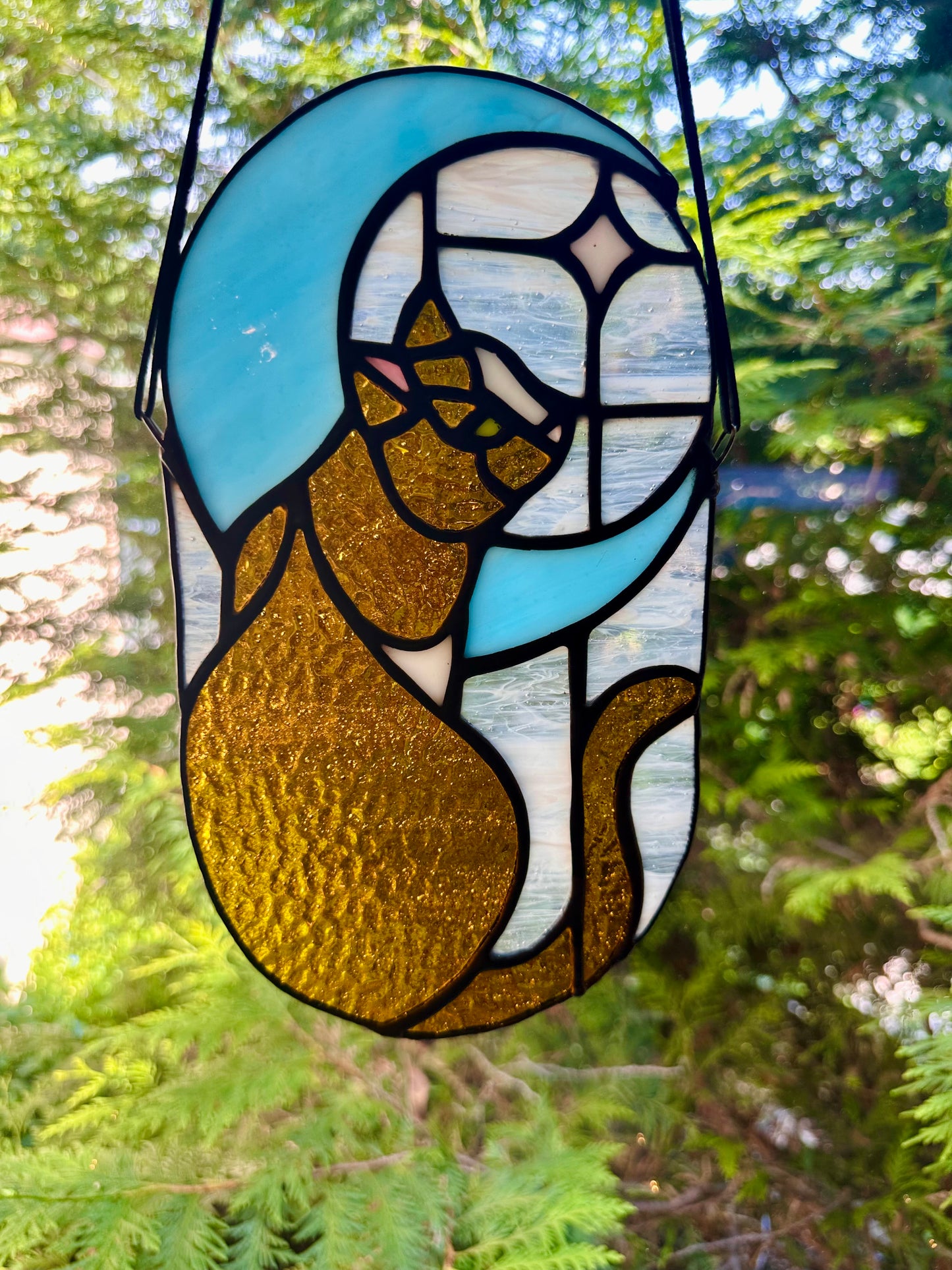 Stained Glass Tabby Cat in Moonlight (Orange/Blue)