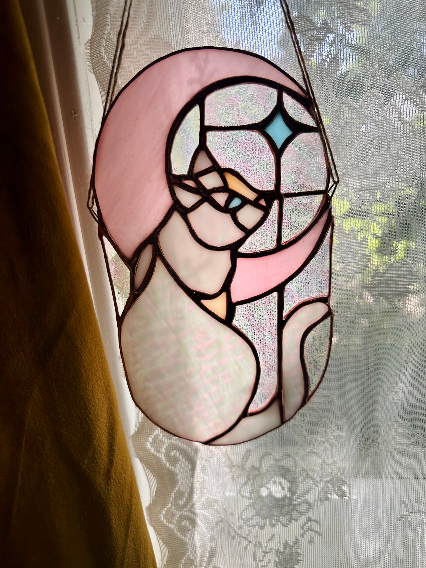Stained Glass Cat in Moonlight (White/Pink/Copper)