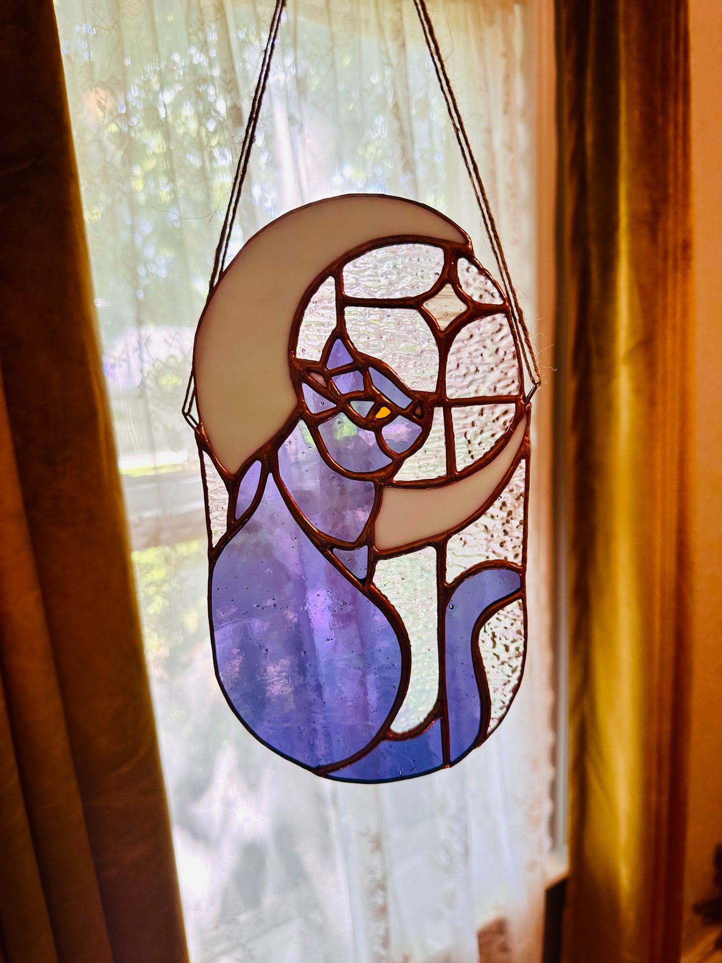 Stained Glass Cat in Moonlight (Purple/Copper)