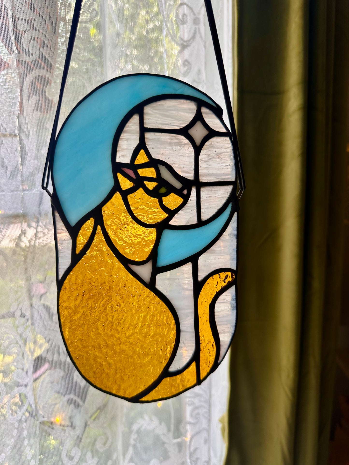 Stained Glass Tabby Cat in Moonlight (Orange/Blue)