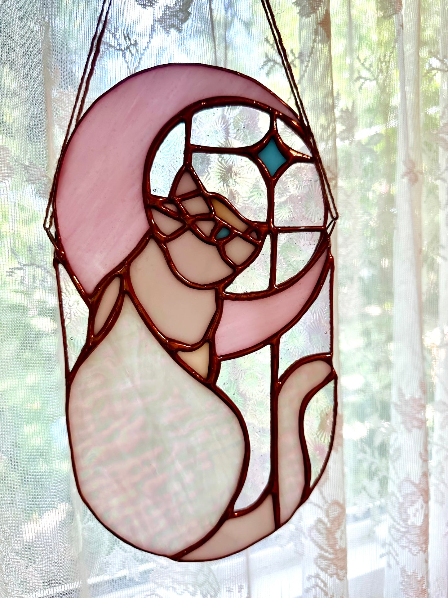 Stained Glass Cat in Moonlight (White/Pink/Copper)