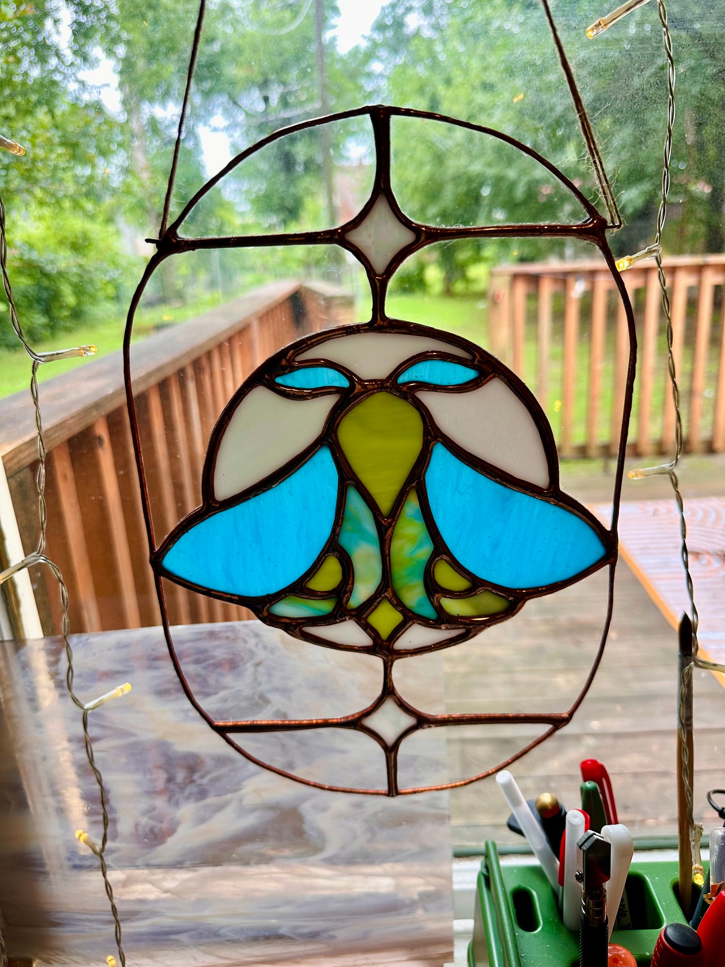 Stained Glass Moon & Moth (Blue/Green)