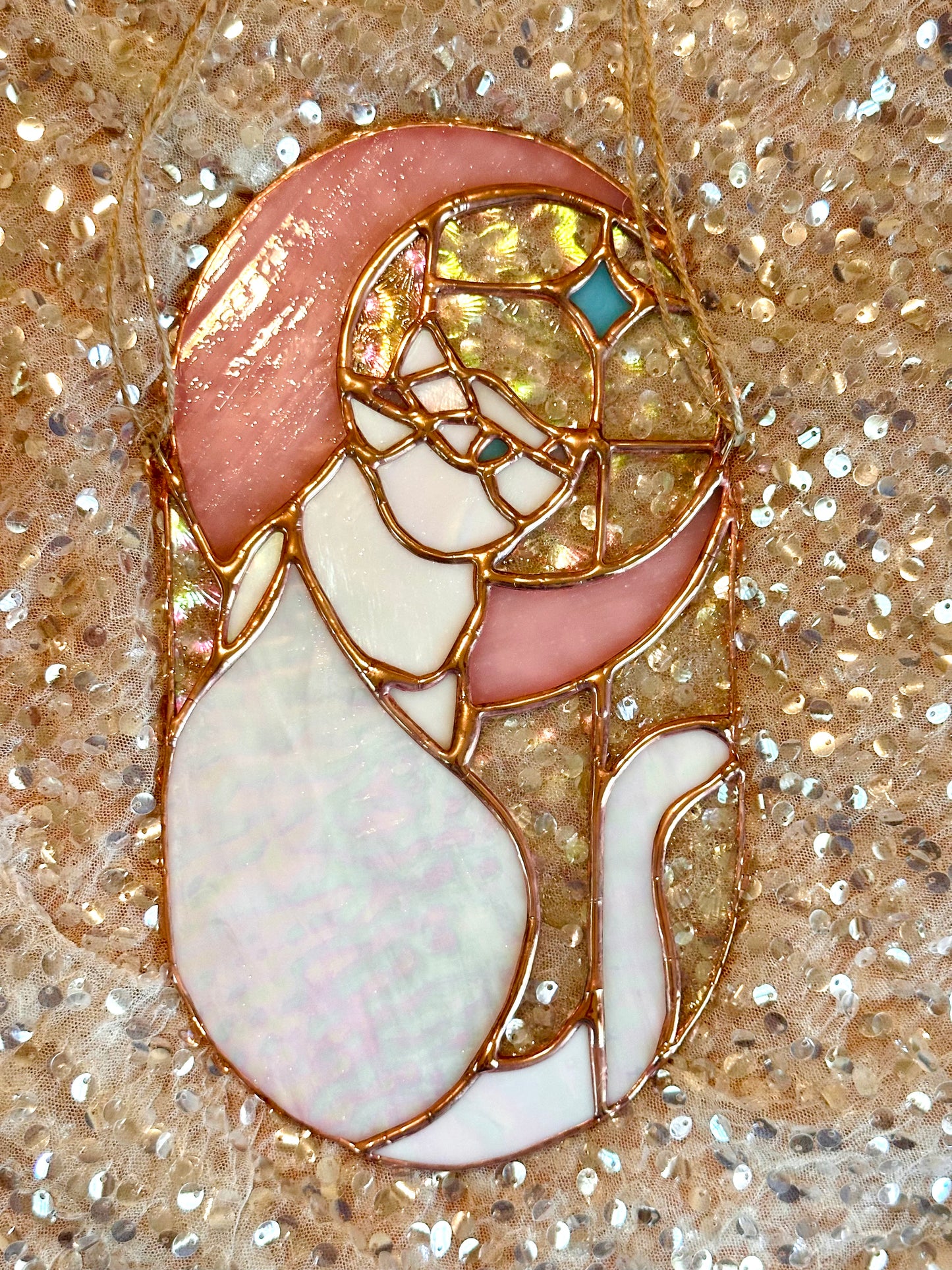 Stained Glass Cat in Moonlight (White/Pink/Copper)