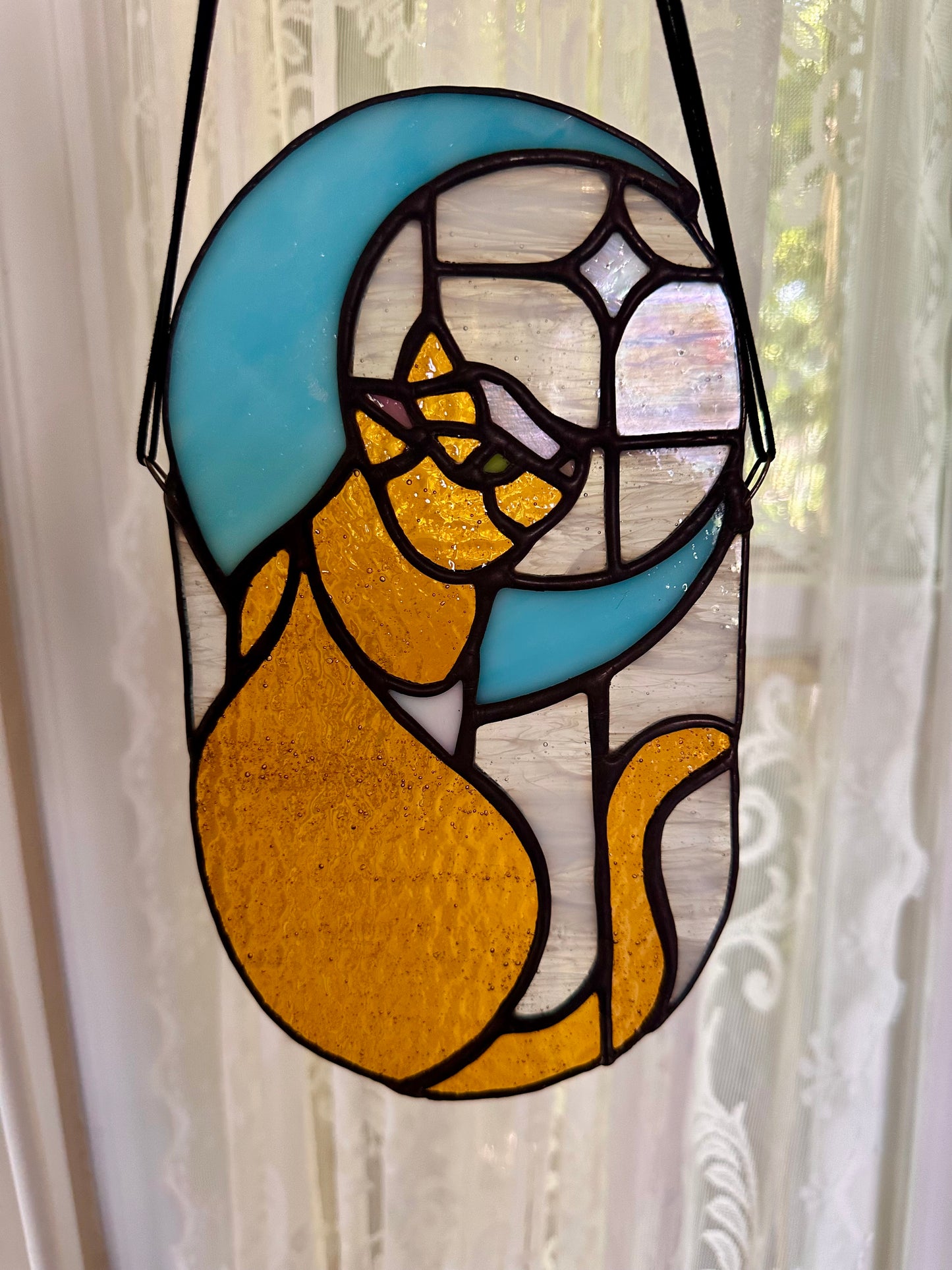 Stained Glass Tabby Cat in Moonlight (Orange/Blue)
